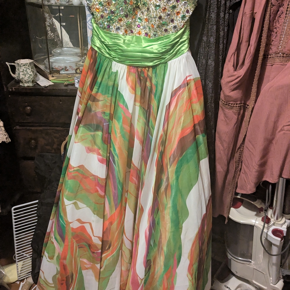 PINK By Alexia Design Strapless Dress with Green and Multicolor Design.